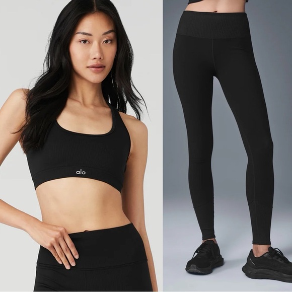 Alo Yoga Seamless Ribbed Bra and Alosoft Lounge Legging in Black - Picture 1 of 10